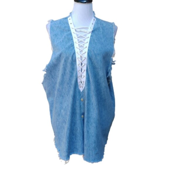 Furst of a Kind LF Blue Denim Distressed Top Lace-Up V-Neck Sleeveless Cotton - Picture 2 of 11